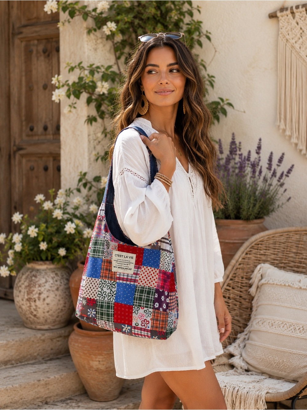 C’EST LA VIE Reversible Patchwork Denim Slouch Tote Bag NWOT